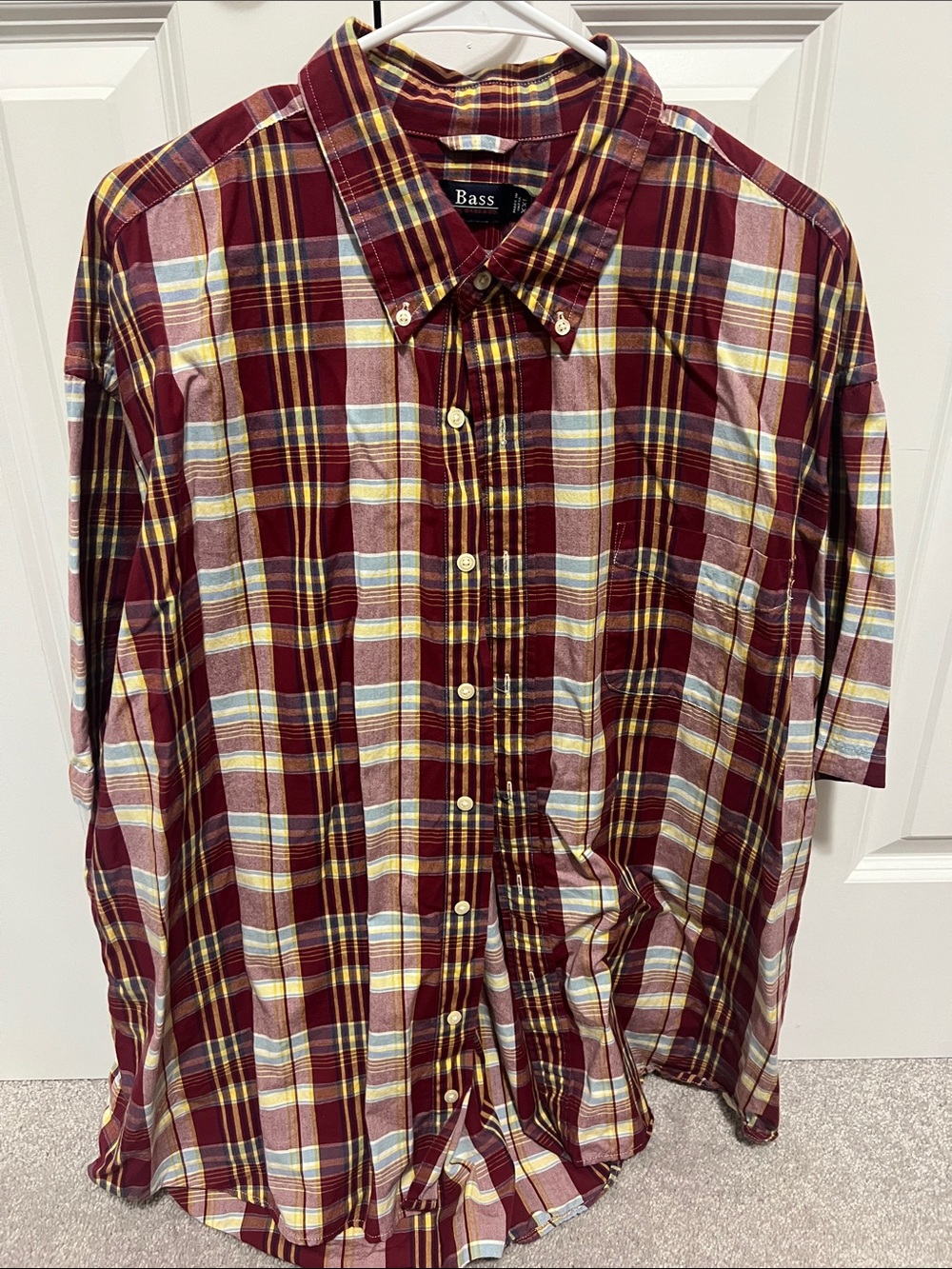 Bass Burgundy Plaid Button-Down Shirt with Yellow Accents